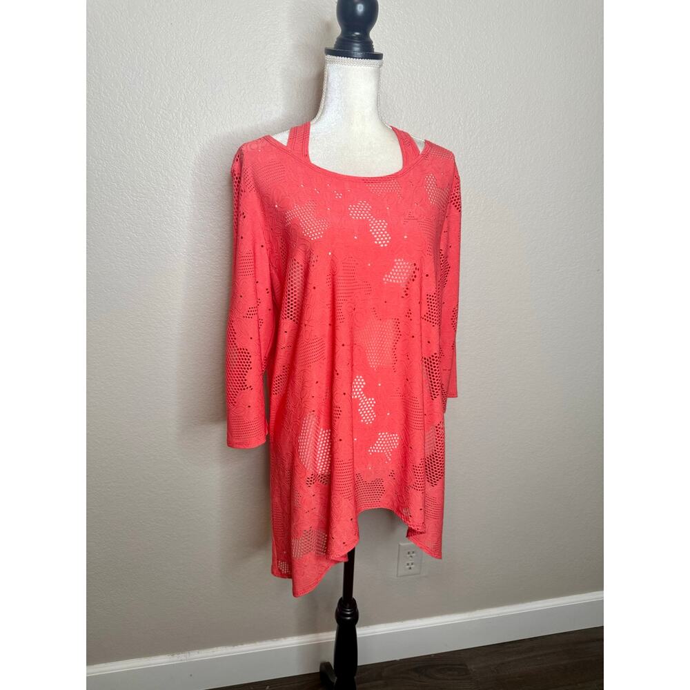 CLARA SUN WOO Women's XL Eyelet Cold Shoulder Tunic Top Orange Cover Up USA - Picture 2 of 11